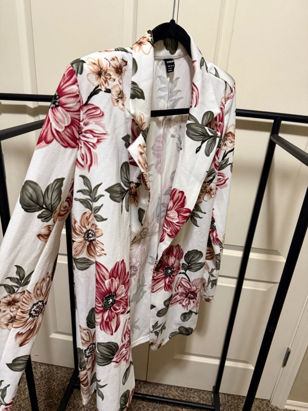 SHEIN White Floral Blazer with Pink & Green Accents